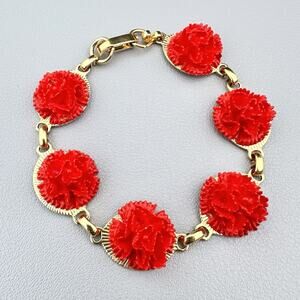 Vintage Red Carnation Flower Bracelet Gold Tone Link Statement Floral